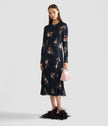 FLORAL CRUSHED SATIN LONG SLEEVE MIDI DRESS