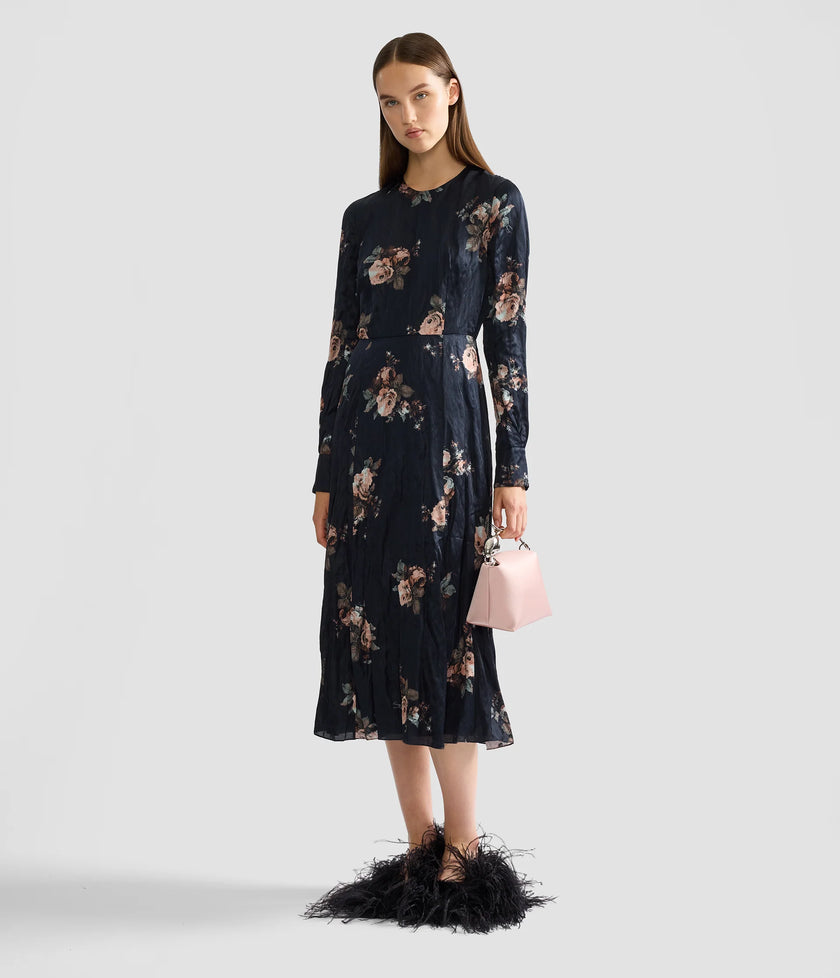 FLORAL CRUSHED SATIN LONG SLEEVE MIDI DRESS