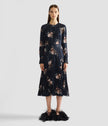 FLORAL CRUSHED SATIN LONG SLEEVE MIDI DRESS