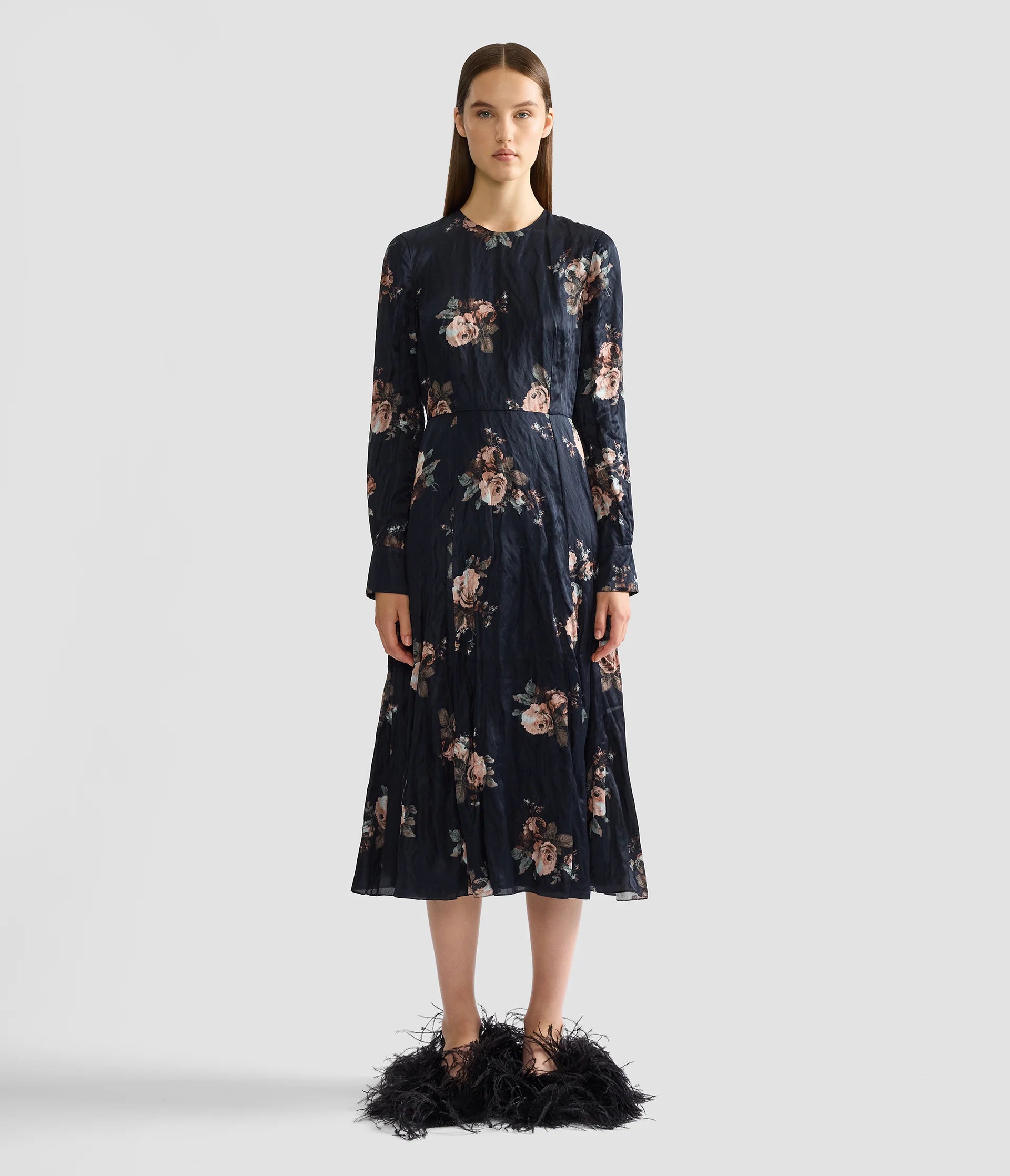 FLORAL CRUSHED SATIN LONG SLEEVE MIDI DRESS
