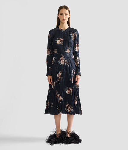 FLORAL CRUSHED SATIN LONG SLEEVE MIDI DRESS