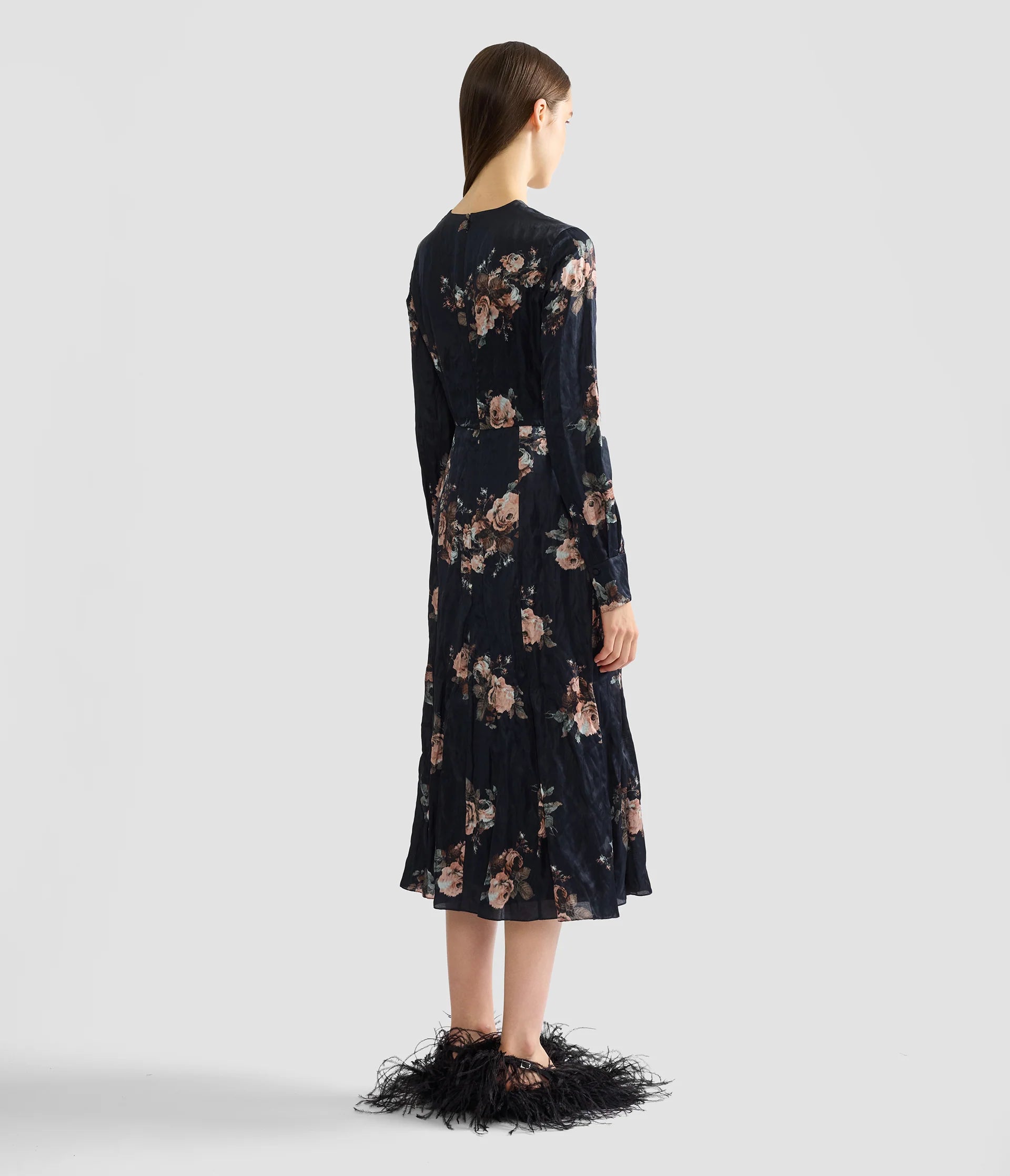 FLORAL CRUSHED SATIN LONG SLEEVE MIDI DRESS