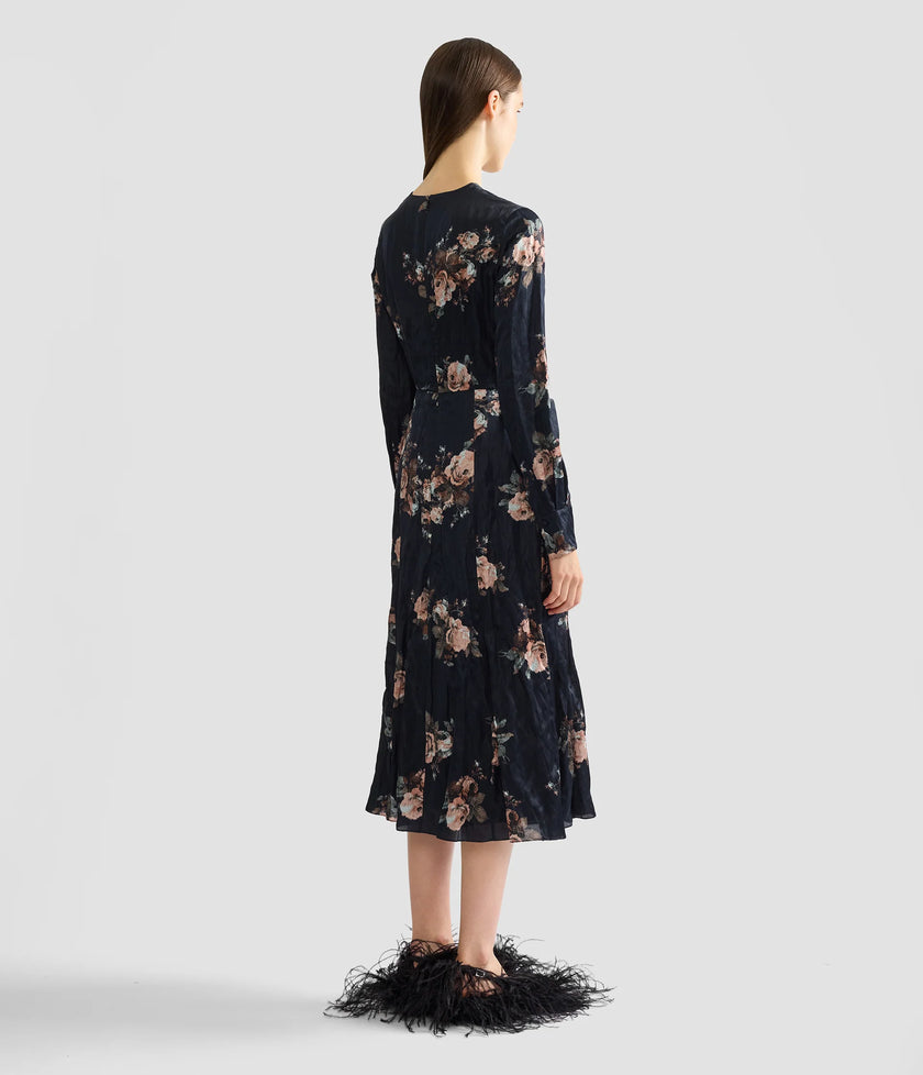 FLORAL CRUSHED SATIN LONG SLEEVE MIDI DRESS