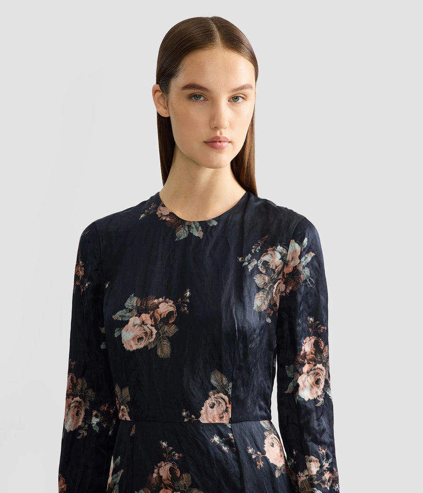 FLORAL CRUSHED SATIN LONG SLEEVE MIDI DRESS