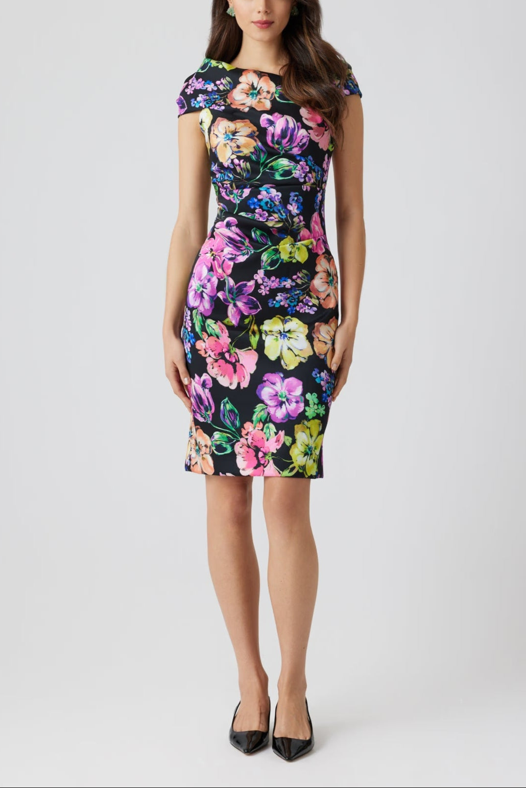 STRETCH GAZAR ASYMMETRICAL RUCHED FLORAL DRESS