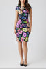 STRETCH GAZAR ASYMMETRICAL RUCHED FLORAL DRESS