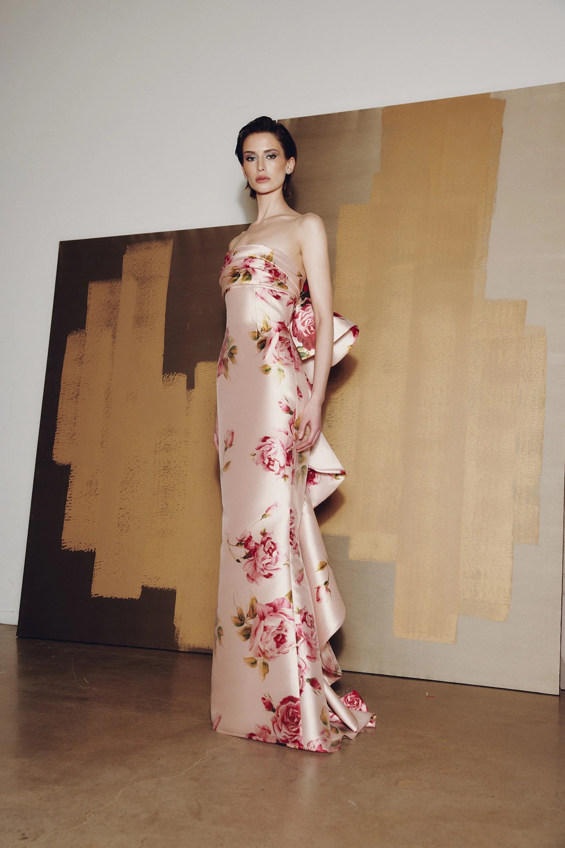 ROSE MIKADO PRINT COLUMN GOWN