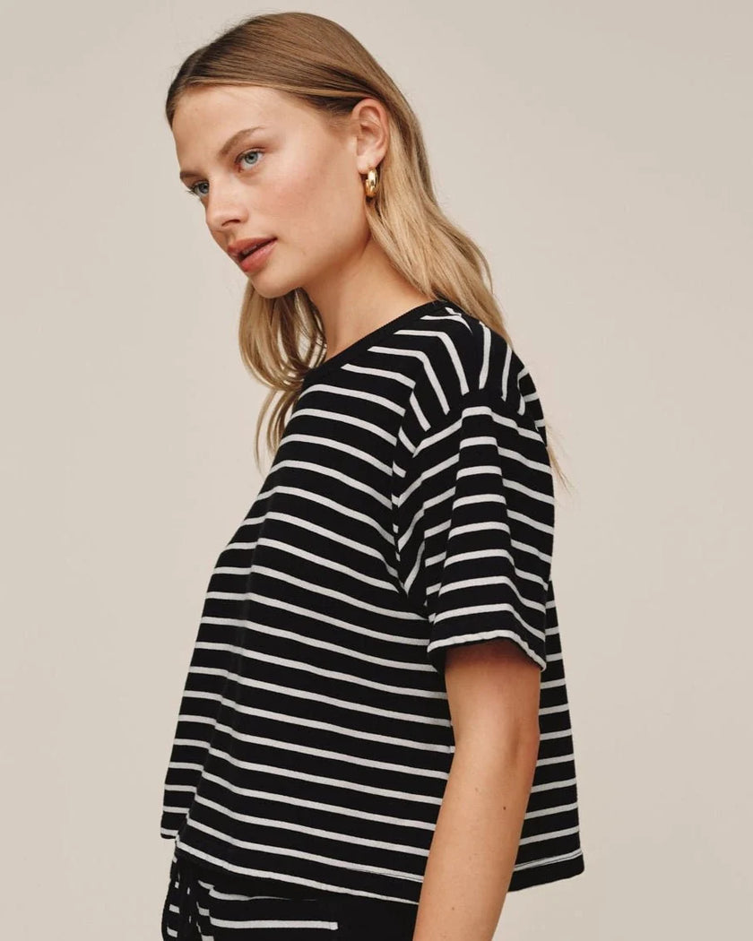SHORT SLEEVE TEE IN BLACK AND IVORY STRIPE