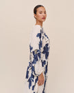 PLEATED TIE FRONT TOP IN INDIGO IRIS PRINT