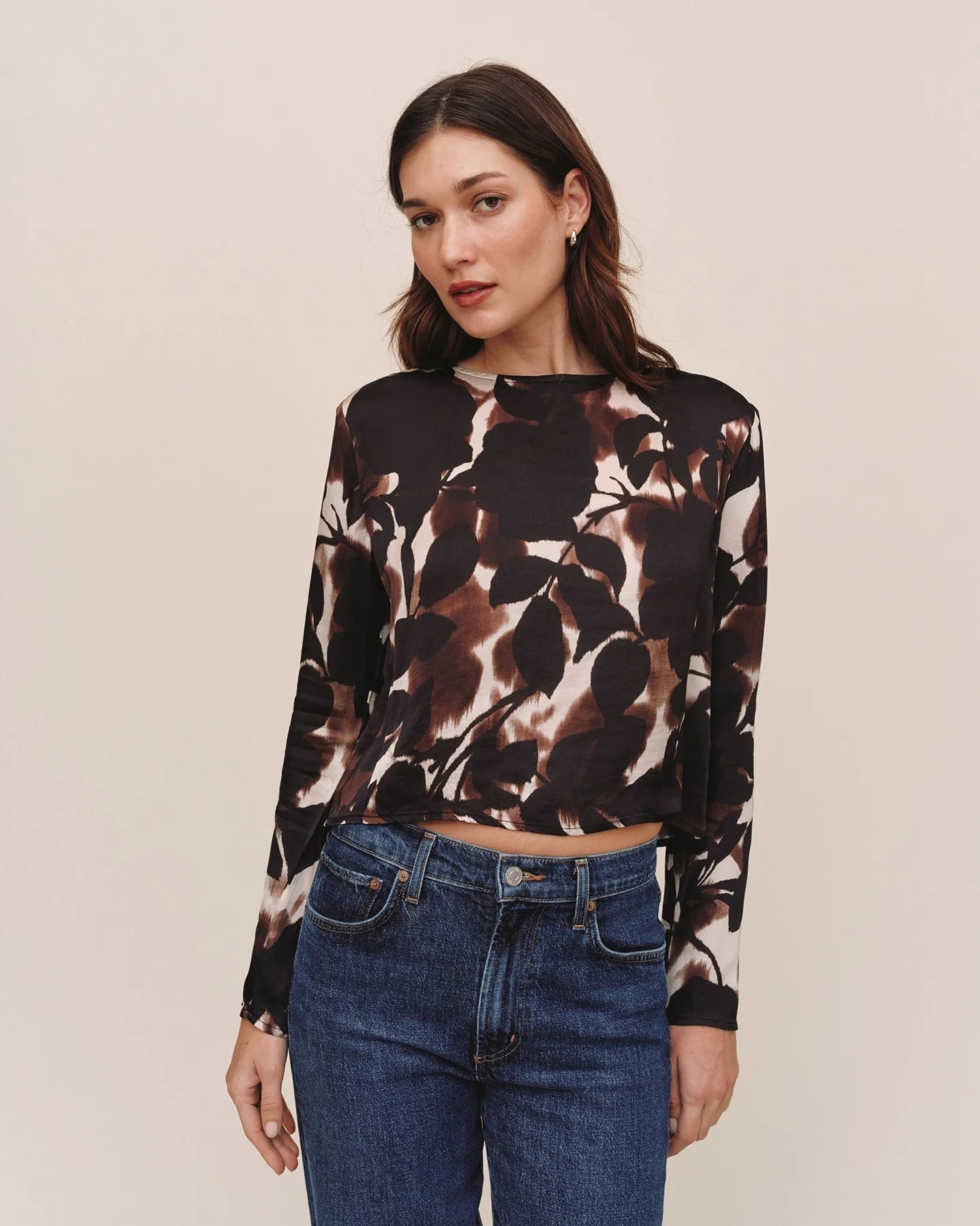LONG SLEEVE BUTTON BACK TOP IN SHADOW FLORAL PRINT