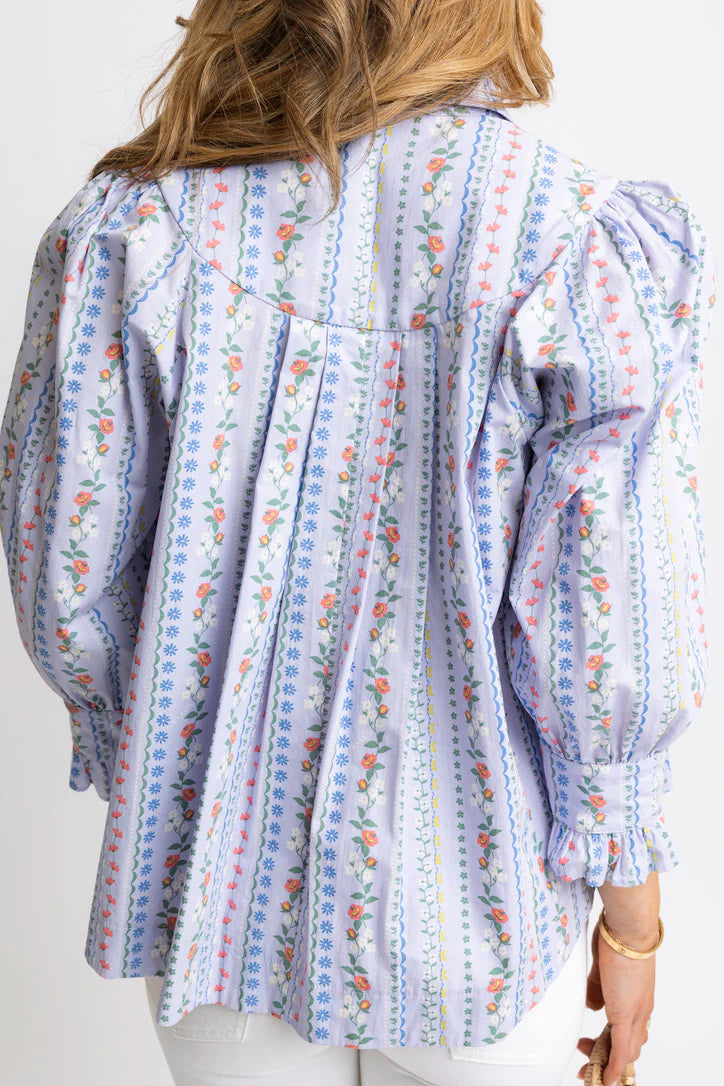 FLORAL FRENCH VINE BUTTON UP RUFFLE SLEEVE TOP