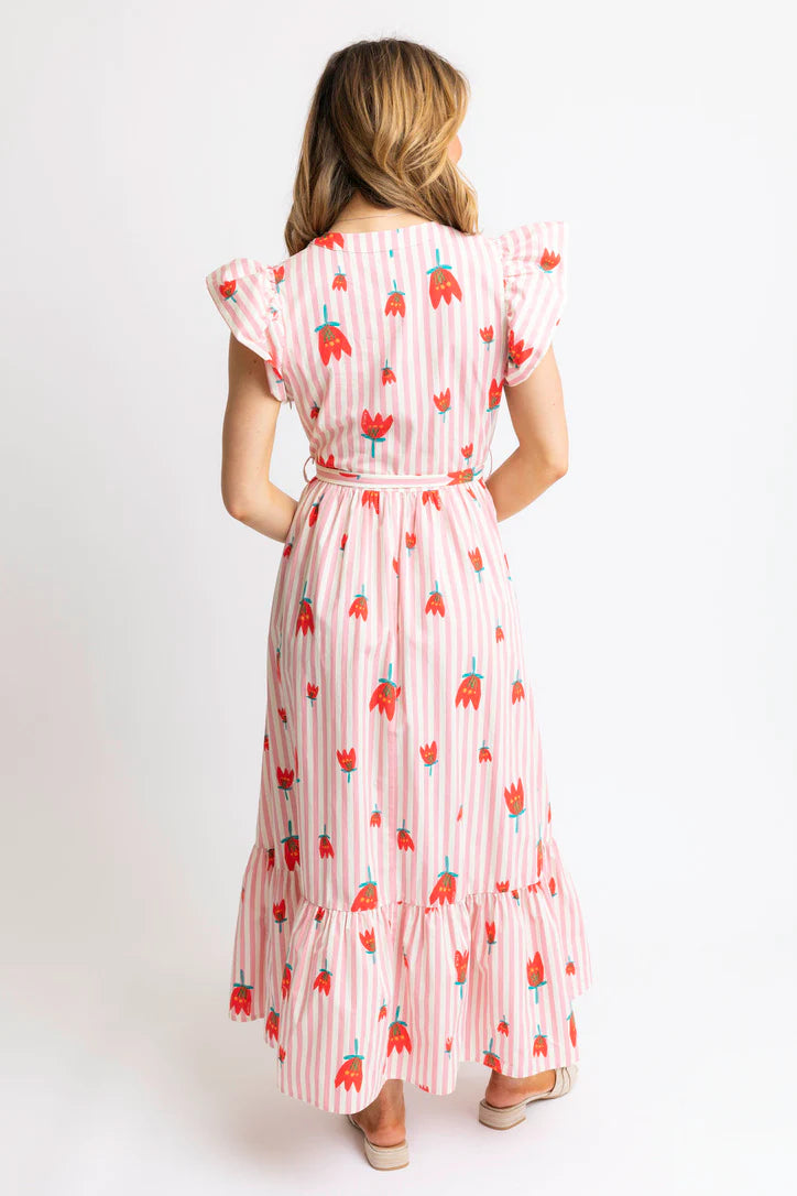 STRIPE POPPY RUFFLE SLEEVE MAXI DRESS