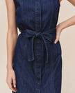 SLEEVELESS SEAMED SHIRT DRESS IN HERRINGBONE WASH