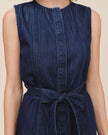 SLEEVELESS SEAMED SHIRT DRESS IN HERRINGBONE WASH