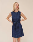 SLEEVELESS SEAMED SHIRT DRESS IN HERRINGBONE WASH