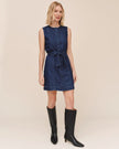SLEEVELESS SEAMED SHIRT DRESS IN HERRINGBONE WASH