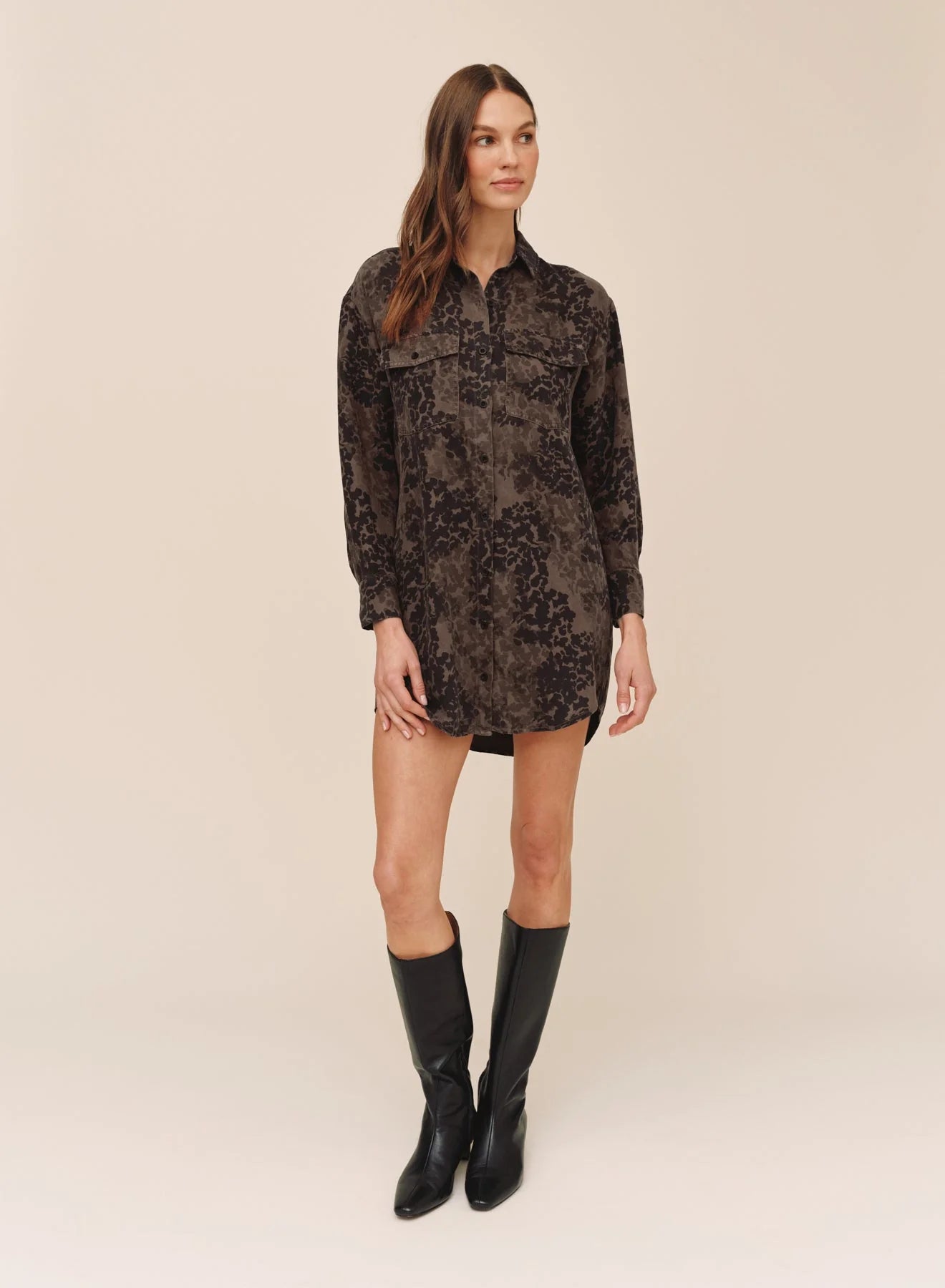 FLAP POCKET SHIRT DRESS IN DITSY CAMO PRINT