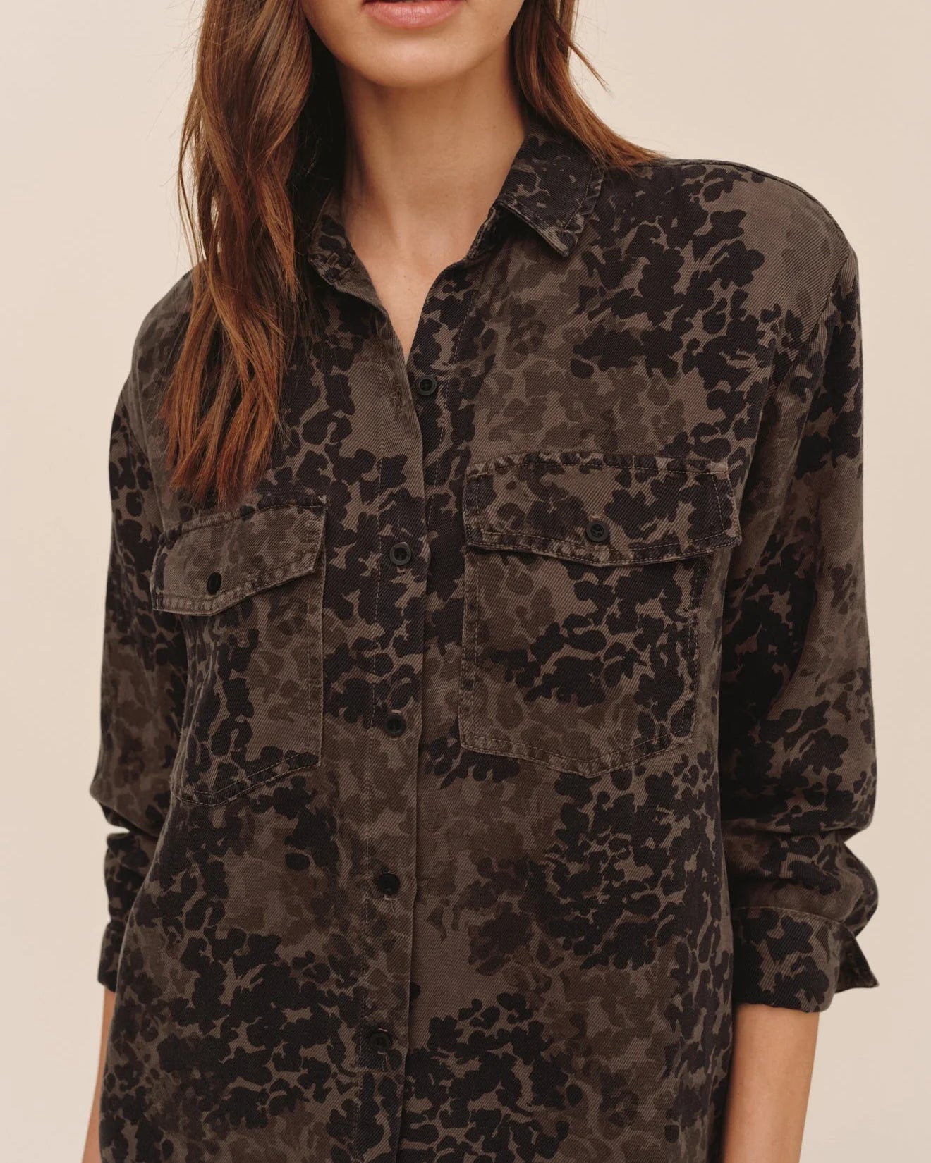 FLAP POCKET SHIRT DRESS IN DITSY CAMO PRINT