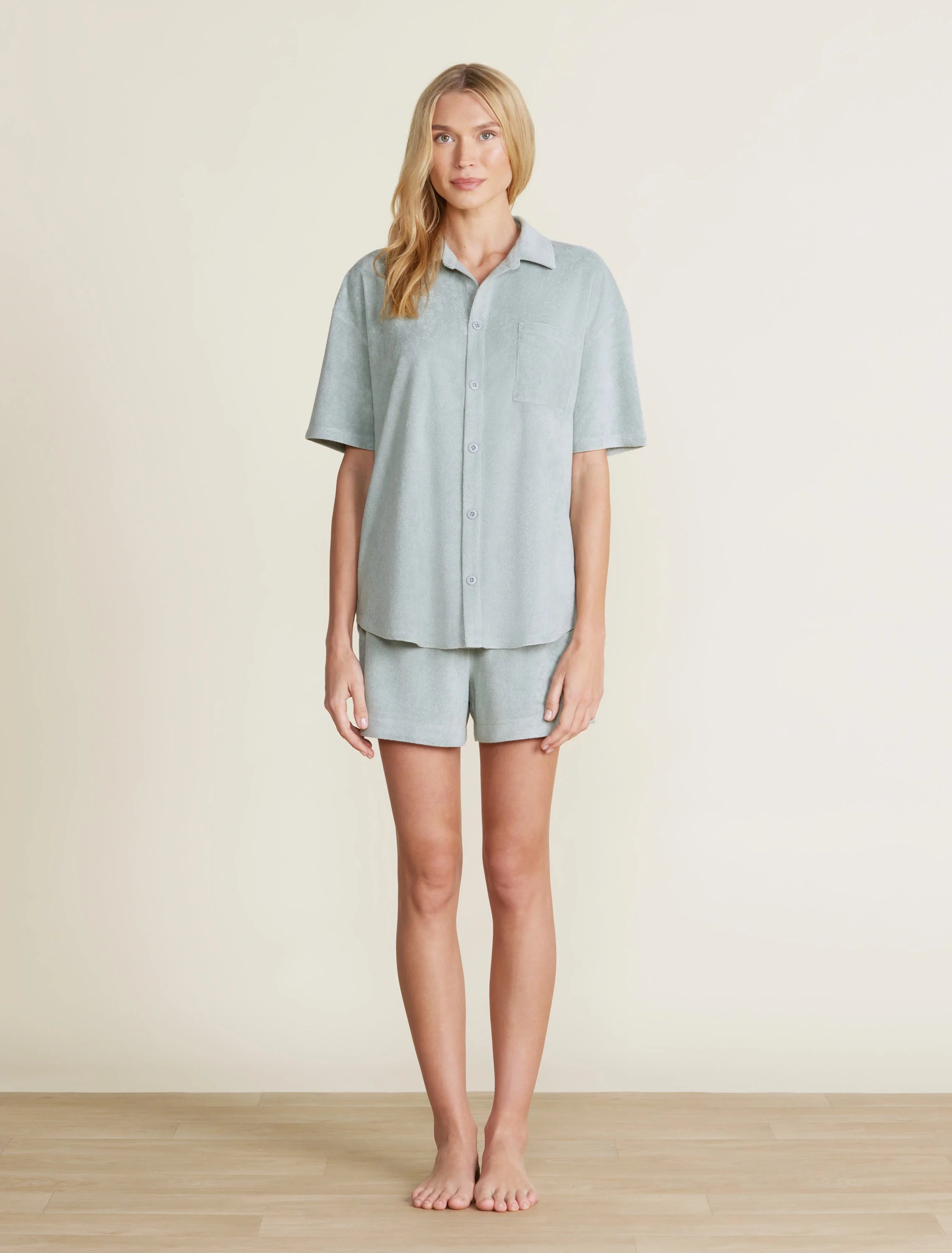 COZY TERRY BUTTON DOWN SHIRT AND SHORT SET