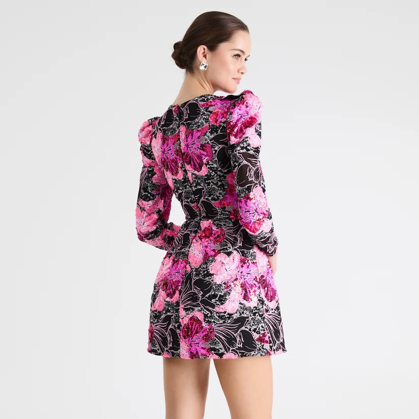 BLAINE SEQUIN FLORAL LONG SLEEVE MINI DRESS