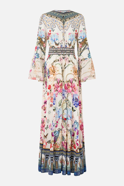 SHAPED WAISTBAND DRESS WITH RUFFLE SLEEVE