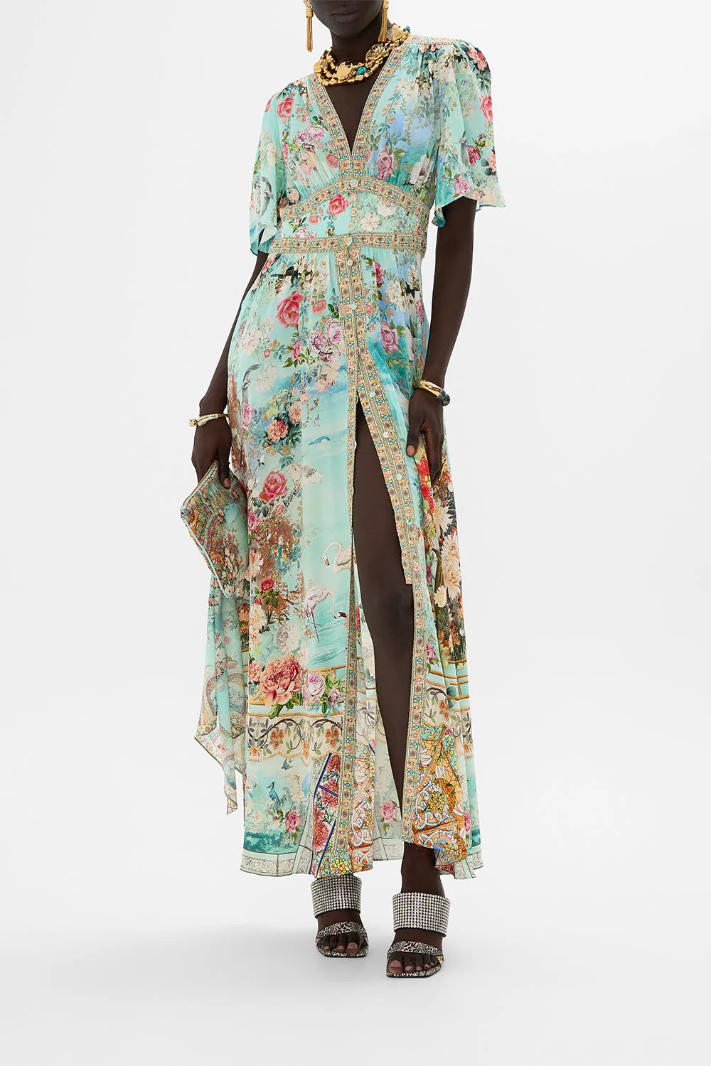 SHAPED WAISTBAND DRESS WITH FLUTTER SLEEVES