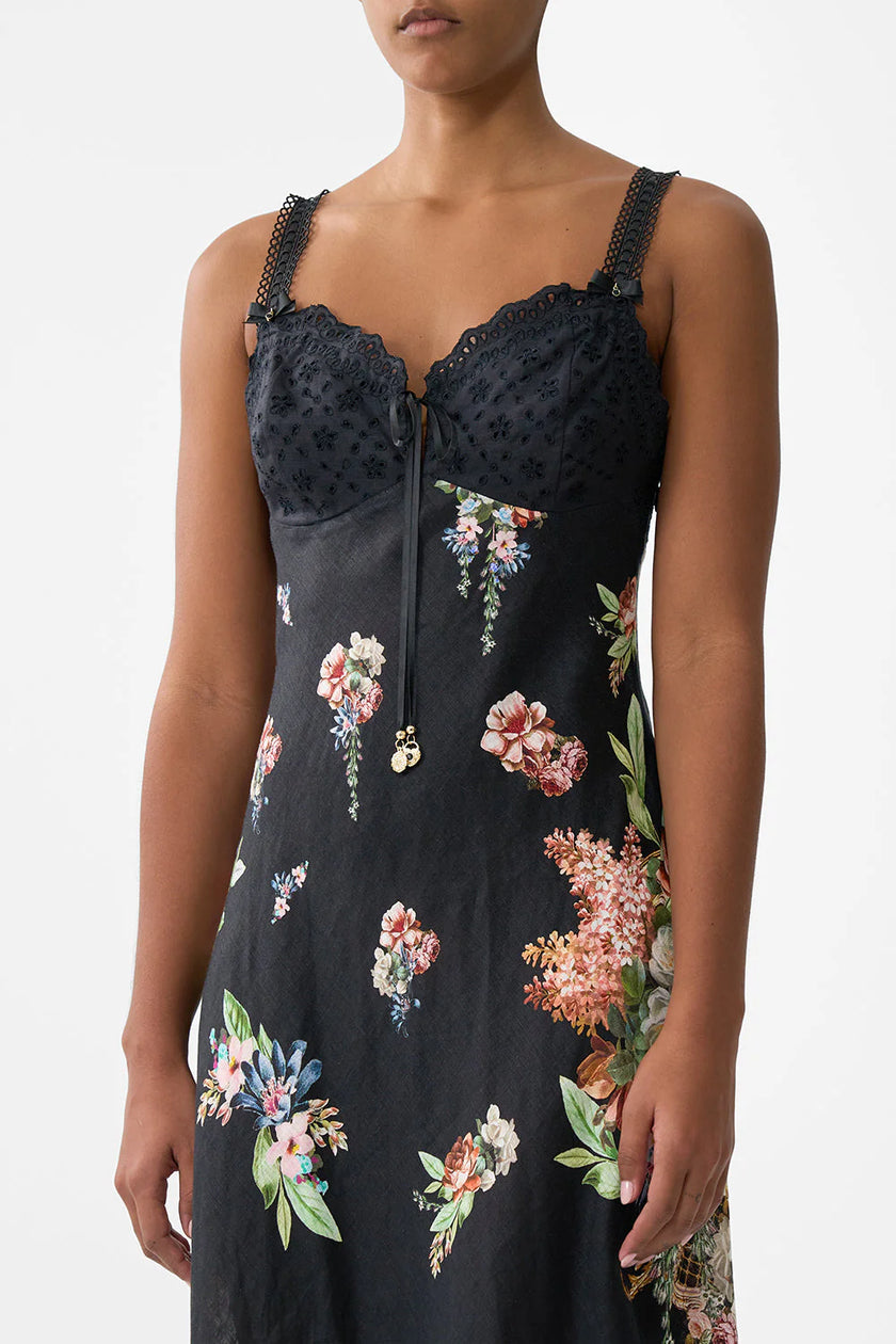EMBROIDERED BODICE BIAS DRESS