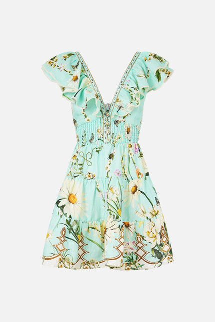 TIERED SHORT DRESS WITH NECK FRILL