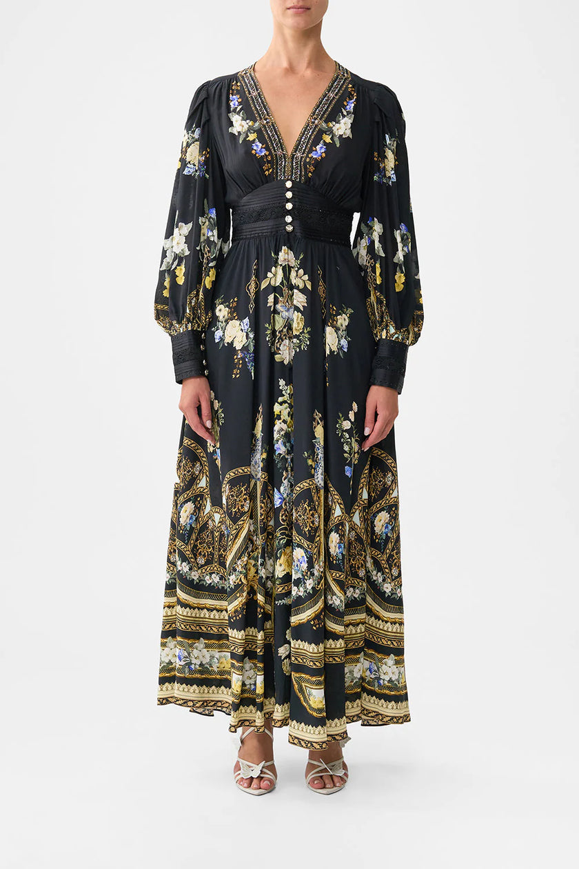 SHAPED WAISTBAND DRESS WITH GATHERED SLEEVES