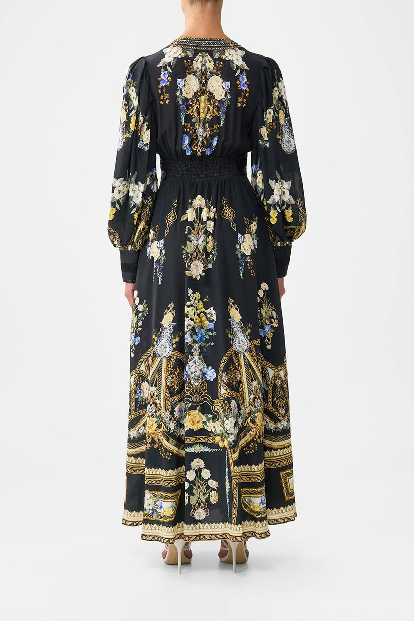 SHAPED WAISTBAND DRESS WITH GATHERED SLEEVES