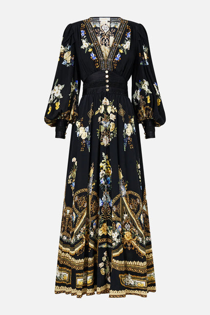 SHAPED WAISTBAND DRESS WITH GATHERED SLEEVES