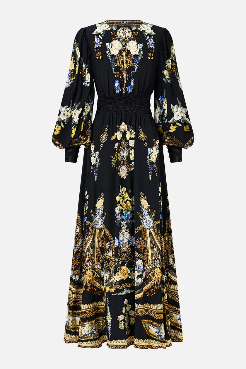 SHAPED WAISTBAND DRESS WITH GATHERED SLEEVES