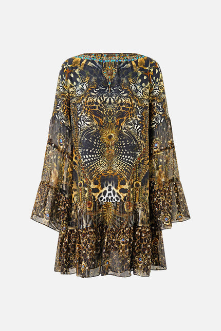 A LINE GATHERED PANEL DRESS IN FELINE FOLKLORE