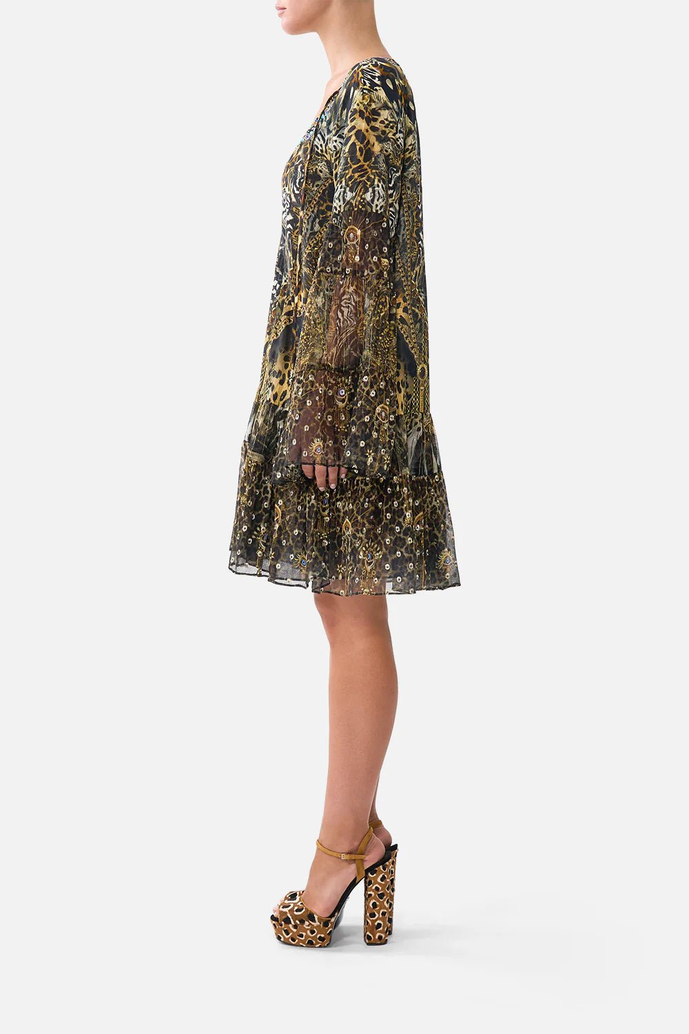 A LINE GATHERED PANEL DRESS IN FELINE FOLKLORE