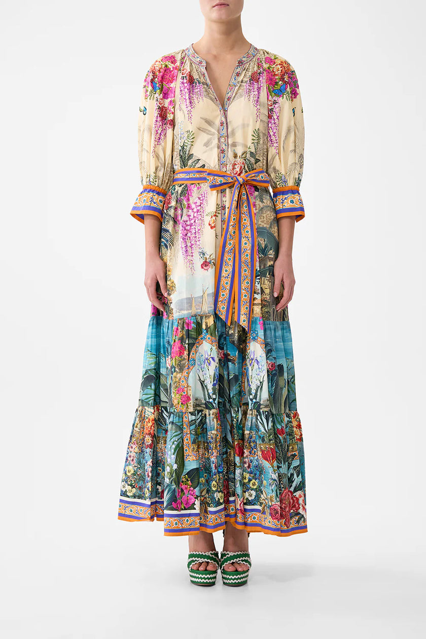 TIERED SHIRT DRESS WITH SHORT SLEEVE IN BODRUM BOTANICALS
