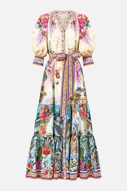 TIERED SHIRT DRESS WITH SHORT SLEEVE IN BODRUM BOTANICALS
