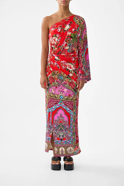 ONE SHOULDER JERSEY DRESS IN HEIRLOOM EMPIRE