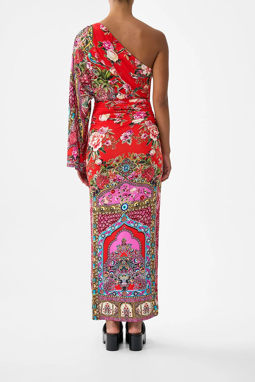 ONE SHOULDER JERSEY DRESS IN HEIRLOOM EMPIRE