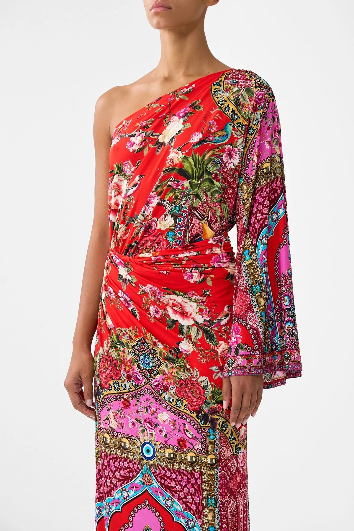 ONE SHOULDER JERSEY DRESS IN HEIRLOOM EMPIRE