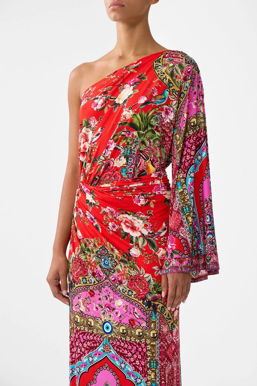 ONE SHOULDER JERSEY DRESS IN HEIRLOOM EMPIRE
