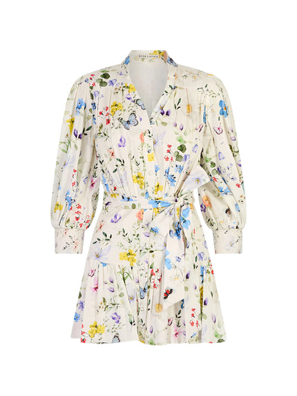 CORA VOLUMINOUS TIERED MINI SHIRT DRESS IN TWISTING VINES