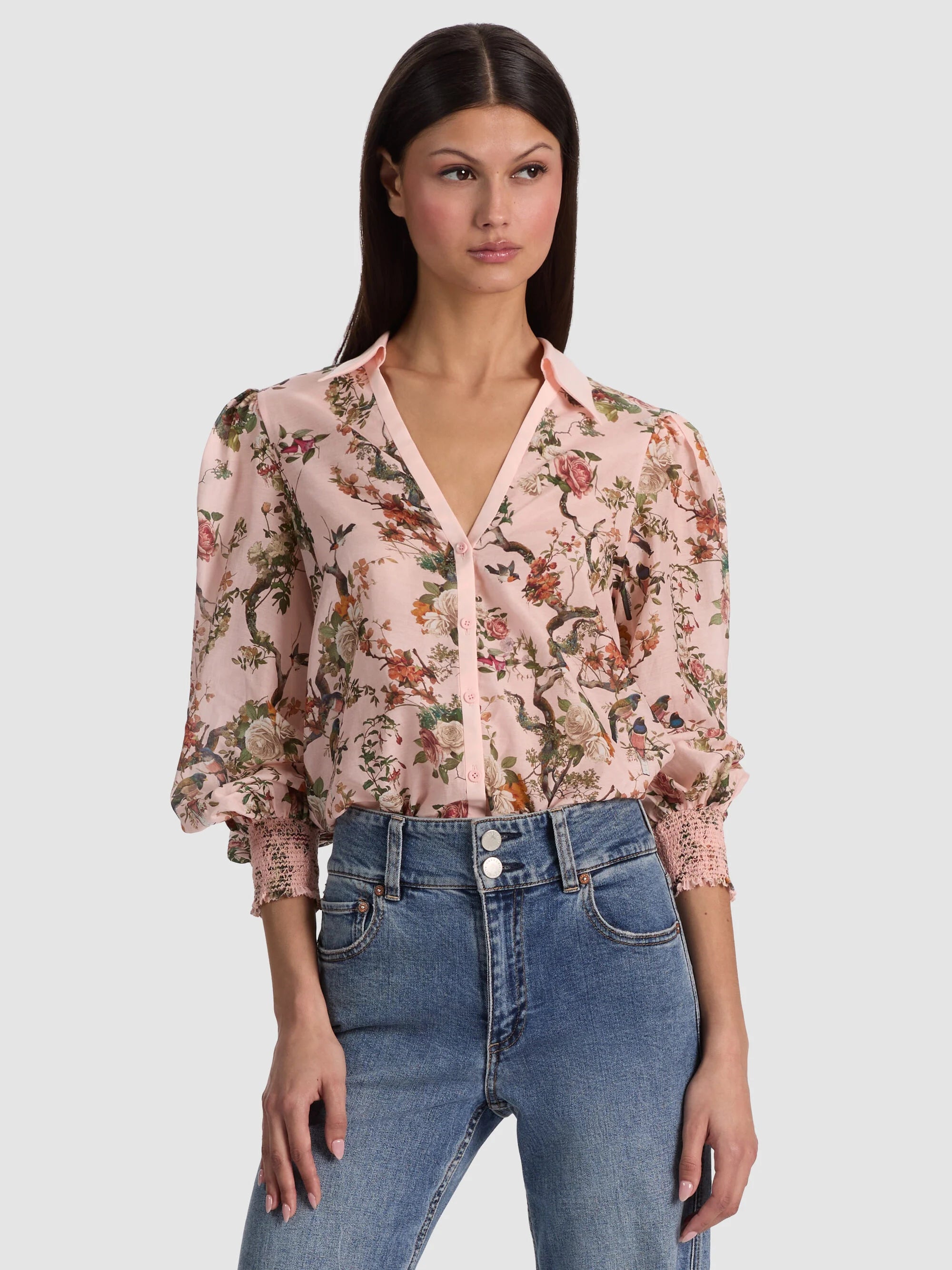 CHARIS BUTTON DOWN BLOUSE IN SUNSET GROVE ENGLISH ROSE