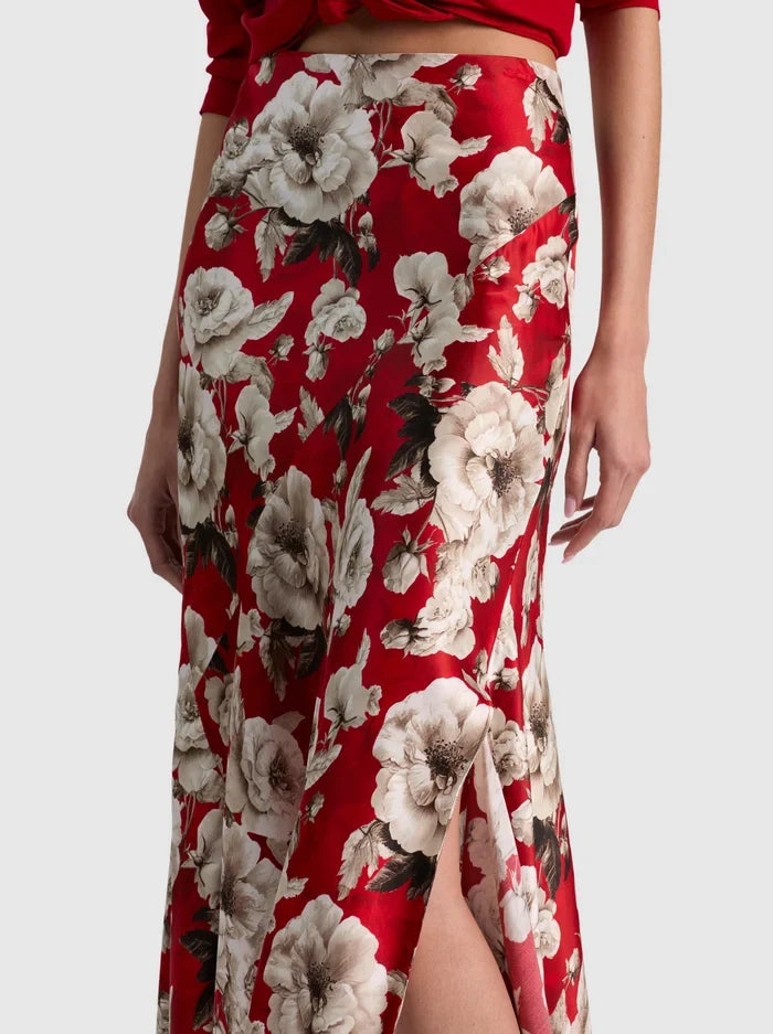 ROSA MIDI SLIP SKIRT IN ROSE GARDEN SM HIBISCUS