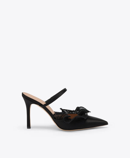 CECILE 90 BLACK SATIN HEELED MULES