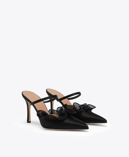 CECILE 90 BLACK SATIN HEELED MULES