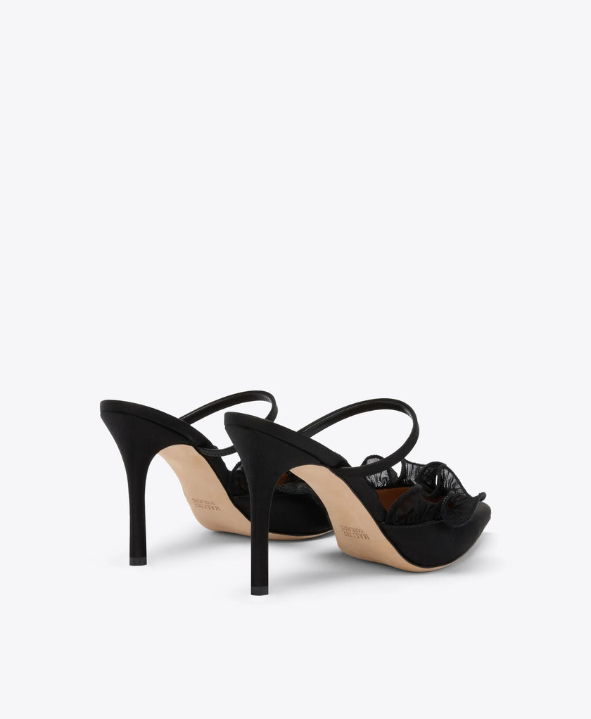 CECILE 90 BLACK SATIN HEELED MULES