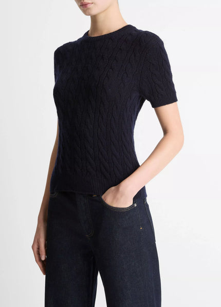 CABLE KNIT WOOL CASHMERE BLEND SHORT SLEEVE SWEATER