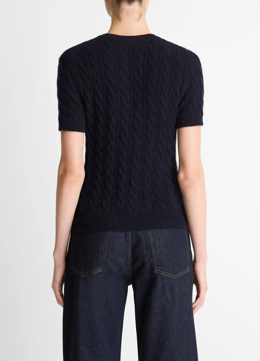 CABLE KNIT WOOL CASHMERE BLEND SHORT SLEEVE SWEATER