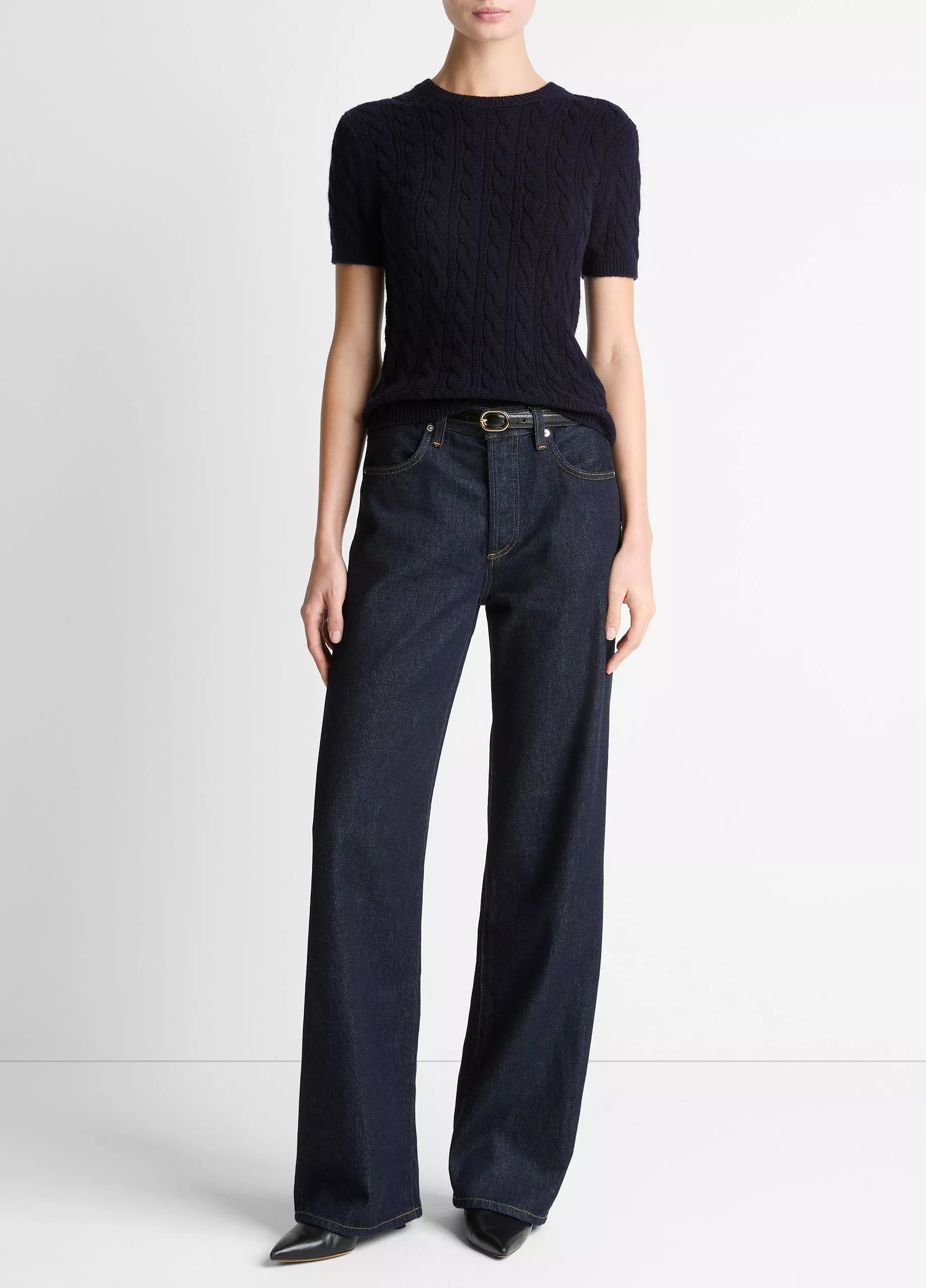 CABLE KNIT WOOL CASHMERE BLEND SHORT SLEEVE SWEATER