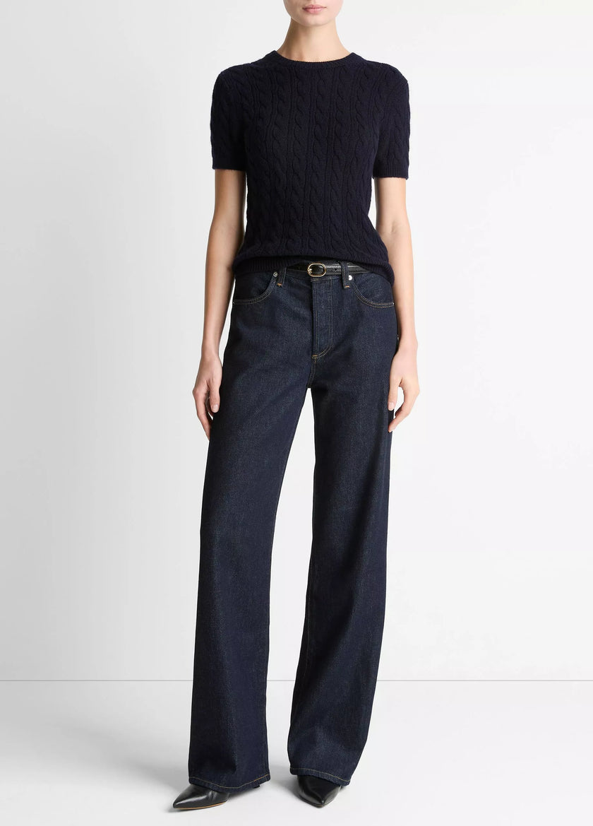 CABLE KNIT WOOL CASHMERE BLEND SHORT SLEEVE SWEATER